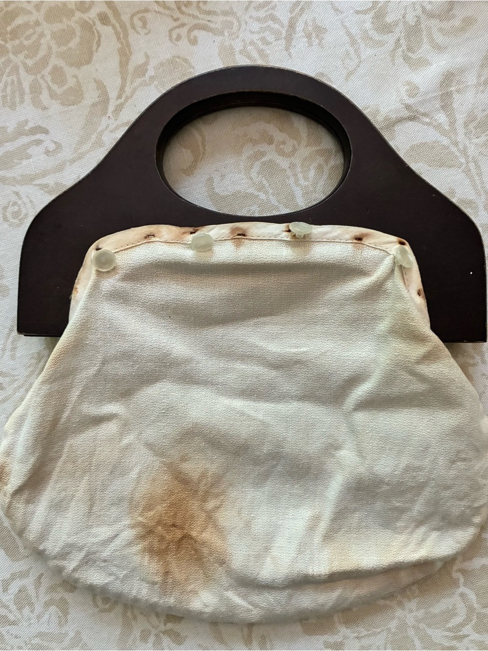 Bermuda Bag Purse Olive Green Cotton Cover 4 Button Wood Handles Vintage - Picture 6 of 7